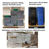 A3 -  Files @ R10.00 each, plastic optiplan boxes @ R10.00 each, cardboard optiplan boxes @ R5.00 each.